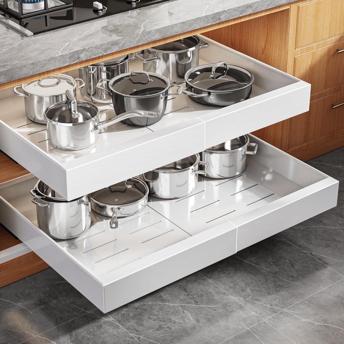 2Pack Expandable Pull Out Cabinet Organizer 21"Deep With Raising Pad for Framed Cabinets, Upgrade 3 Slide Rails Slide Out Drawers, Roll Out Shelves Adhesive,Adjustable Width 12.05"-20.4"White