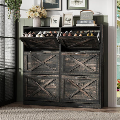 Maupvit Shoe Cabinet with 2 Flip Drawers, Freestanding Shoe Cabinet Organizer with Metal Legs, Shoes Storage Cabinet for Entryway, Narrow Shoe Rack Cabinet, Washed Gray