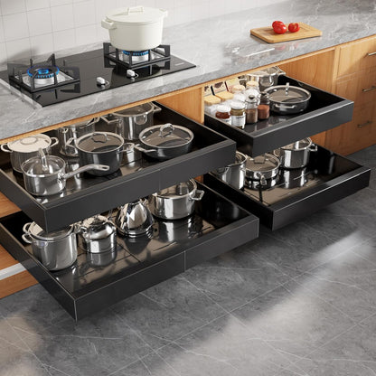 2Pack Expandable Pull Out Cabinet Organizer 21"Deep With Raising Pad for Framed Cabinets, Upgrade 3 Slide Rails Slide Out Drawers, Roll Out Shelves Adhesive,Adjustable Width 12.05"-20.4"White