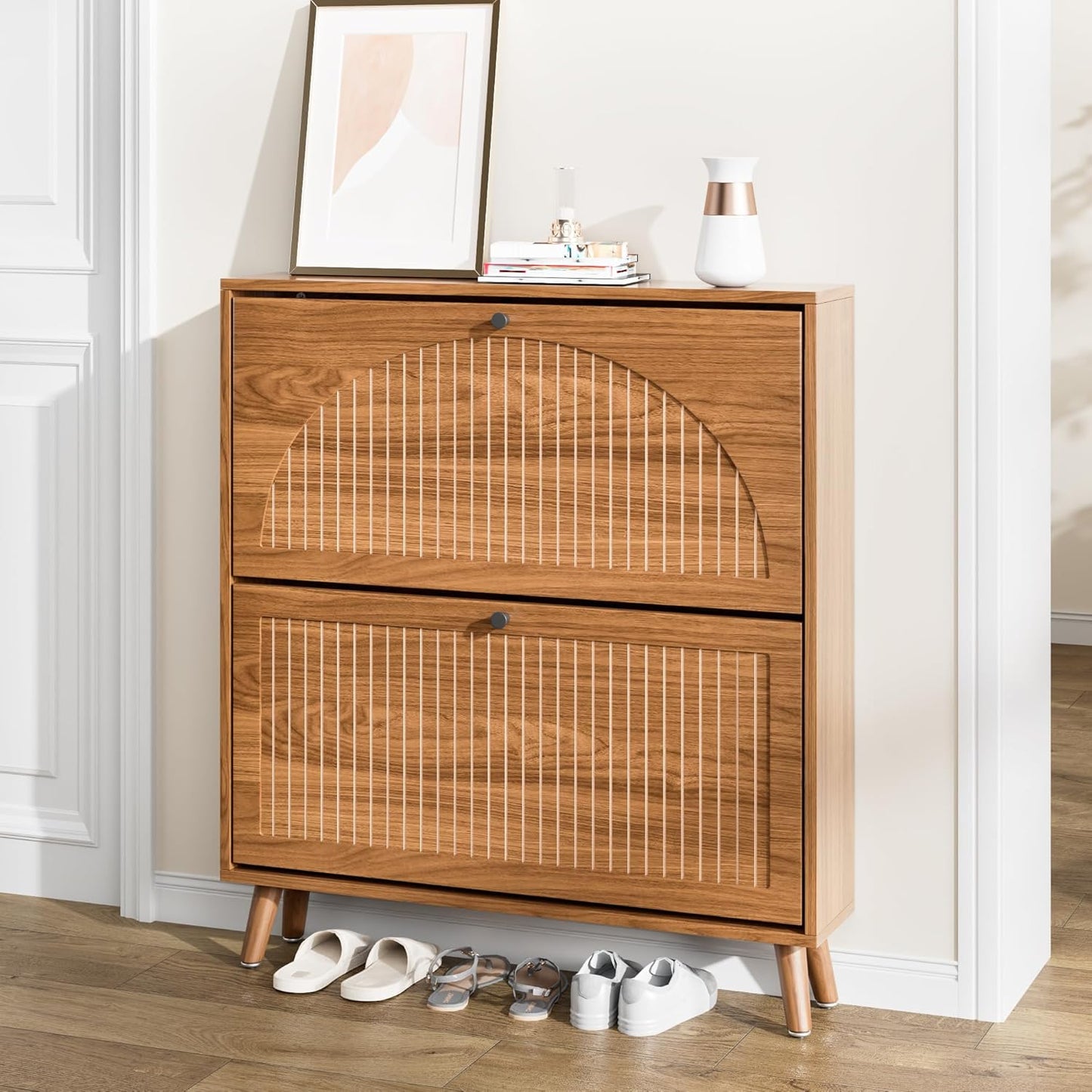Shoe Storage Cabinet for Entryway with 2 Flip Drawers, Narrow Wood Shoe Cabinet with Fluted Panel, Freestanding Hidden Shoe Organizer for Foyer, Hallway (Walnut - No Shelf)