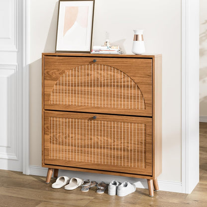 Shoe Storage Cabinet for Entryway with 2 Flip Drawers, Narrow Wood Shoe Cabinet with Fluted Panel, Freestanding Hidden Shoe Organizer for Foyer, Hallway (Walnut - No Shelf)