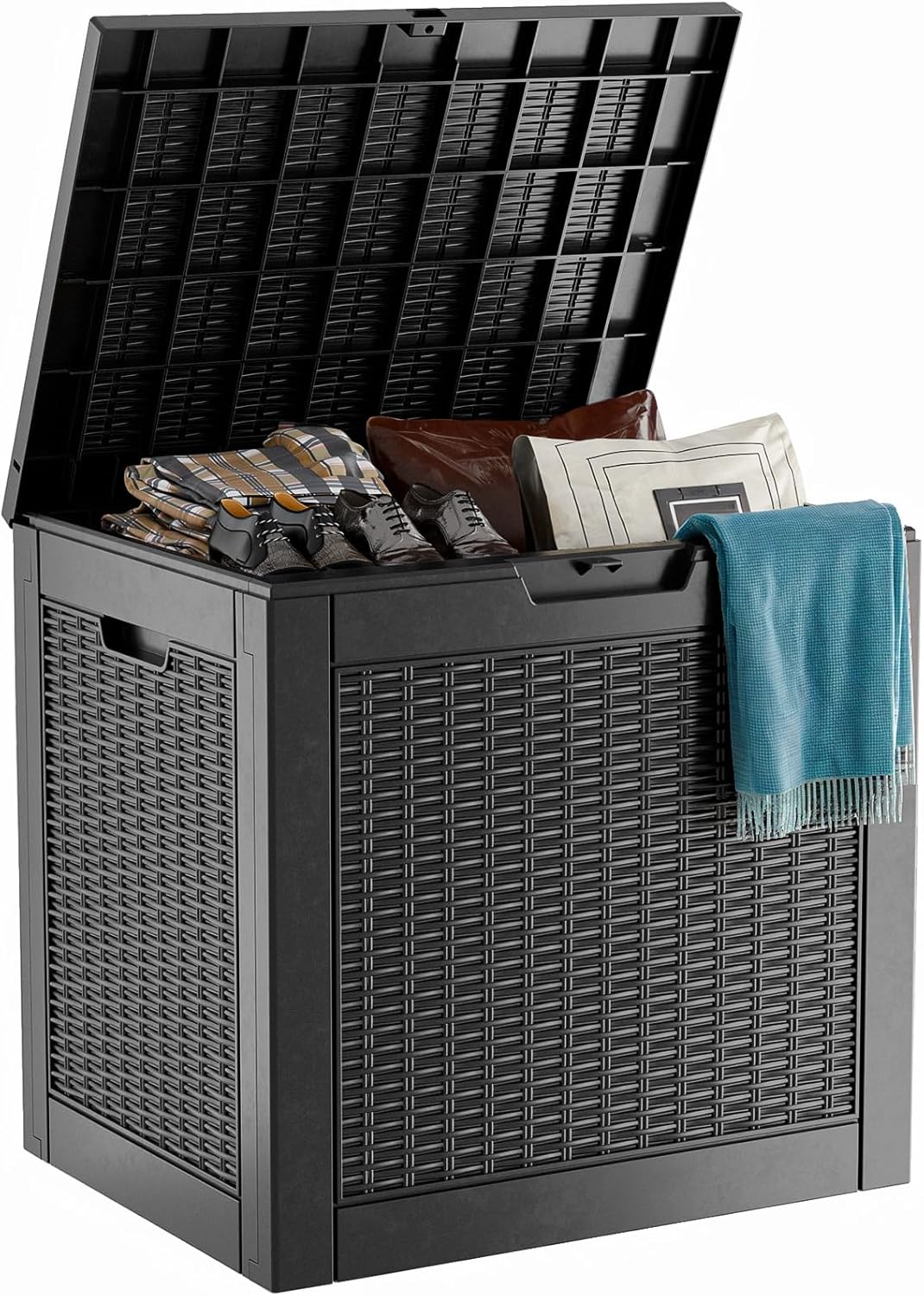 90 Gallon Resin Deck Box, Lockable Patio Outdoor Storage Box for Furniture, Garden Tools and Tools Storage, Waterproof Outside Storage Box - Black