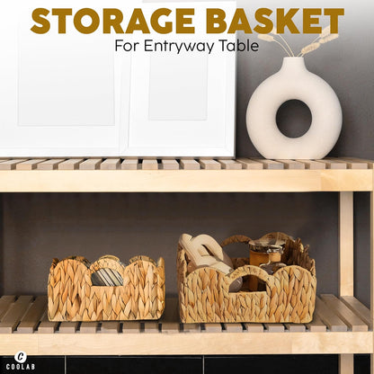 Elegant Scalloped Wicker Basket Set with Handles - Set of 3 | Handwoven Water Hyacinth Baskets for Nursery, Bathroom, Living Room Decor, Scalloped Edge Basket Shelf Decorative (Water Hyacinth)