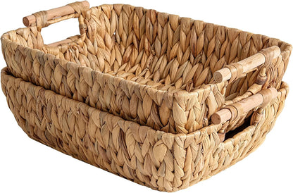 StorageWorks Hand-Woven Large Storage Baskets with Wooden Handles, Water Hyacinth Wicker Baskets for Organizing, 2-Pack