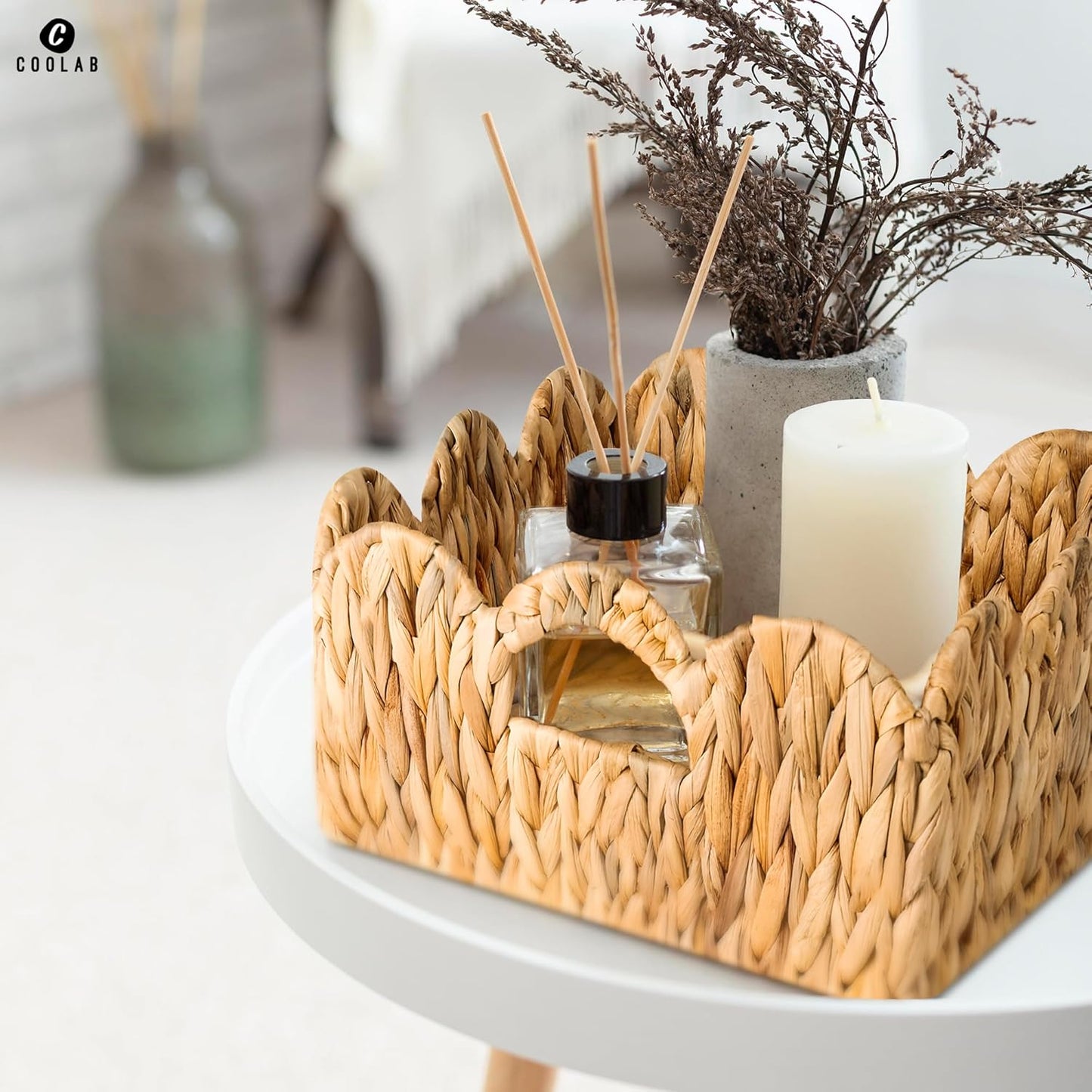 Elegant Scalloped Wicker Basket Set with Handles - Set of 3 | Handwoven Water Hyacinth Baskets for Nursery, Bathroom, Living Room Decor, Scalloped Edge Basket Shelf Decorative (Water Hyacinth)