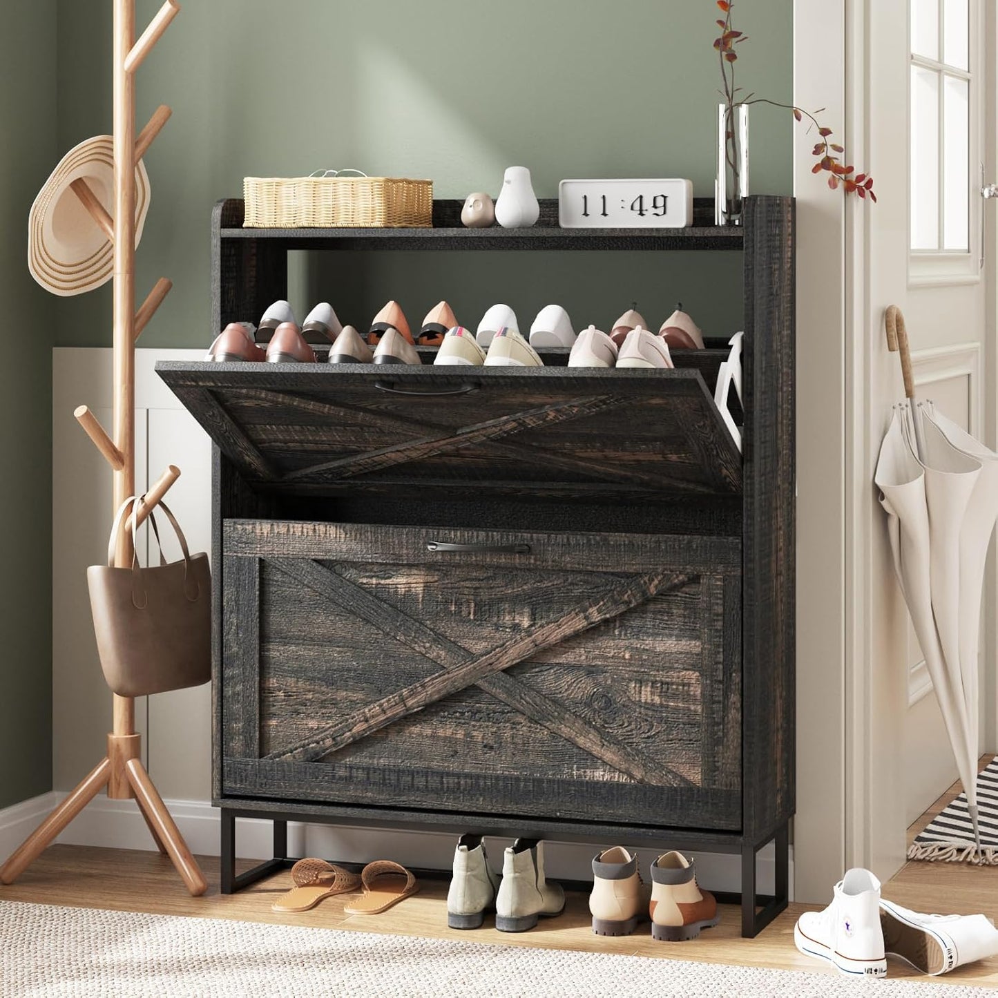 Maupvit Shoe Cabinet with 2 Flip Drawers, Freestanding Shoe Cabinet Organizer with Metal Legs, Shoes Storage Cabinet for Entryway, Narrow Shoe Rack Cabinet, Washed Gray