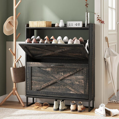 Maupvit Shoe Cabinet with 2 Flip Drawers, Freestanding Shoe Cabinet Organizer with Metal Legs, Shoes Storage Cabinet for Entryway, Narrow Shoe Rack Cabinet, Washed Gray