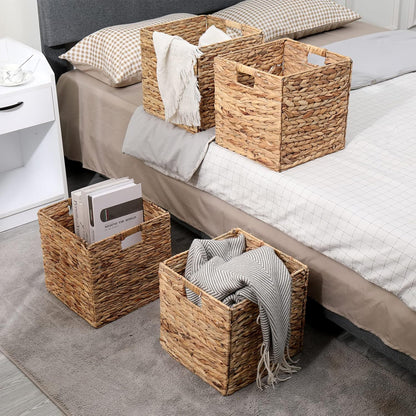12x12in Storage Baskets Set of 4 Water Hyacinth Baskets,Foldable Handwoven Storage Cubes,Wicker Cube Baskets Laundry Organizer Totes for Home
