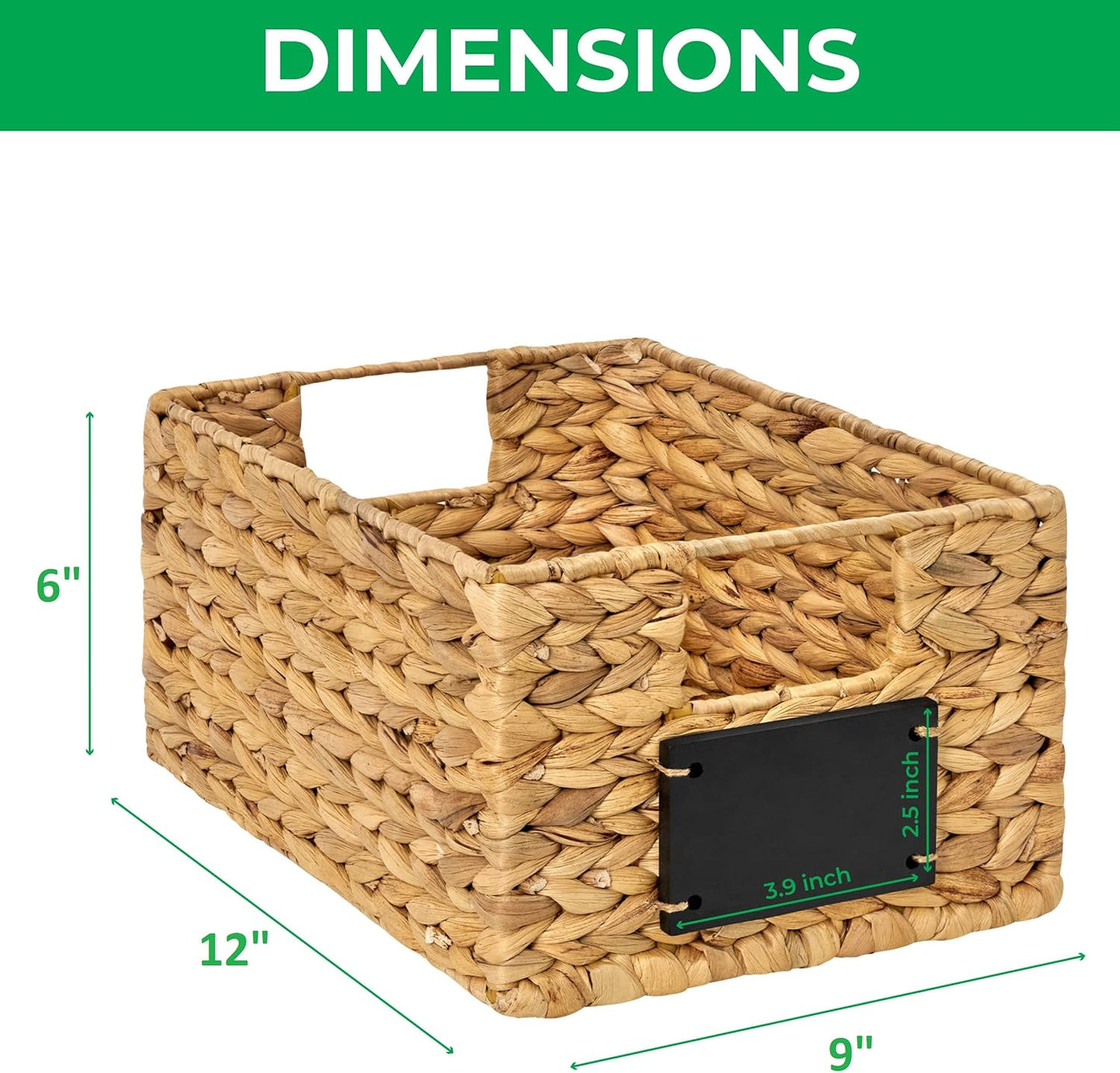 BARIEN 6 Pcs 12" x 9" x 6" Natural Water Hyacinth Woven Storage Baskets, Rectangular Wicker Basket with Built-in Handles, Woven Cube Storage Bin with Chalkboard Label Chalk Marker (Natural - Set of 6)