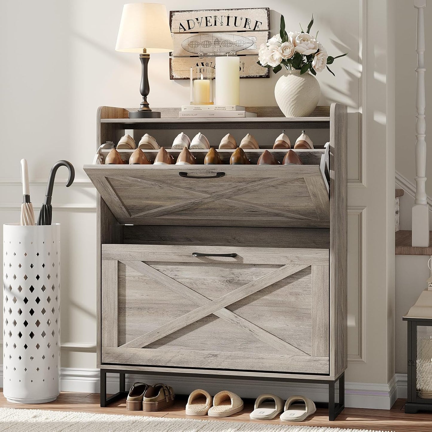 Maupvit Shoe Cabinet with 2 Flip Drawers, Freestanding Shoe Cabinet Organizer with Metal Legs, Shoes Storage Cabinet for Entryway, Narrow Shoe Rack Cabinet, Washed Gray