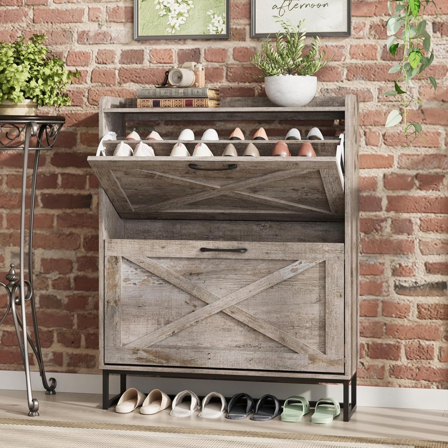 Maupvit Shoe Cabinet with 2 Flip Drawers, Freestanding Shoe Cabinet Organizer with Metal Legs, Shoes Storage Cabinet for Entryway, Narrow Shoe Rack Cabinet, Washed Gray