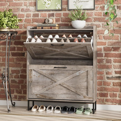 Maupvit Shoe Cabinet with 2 Flip Drawers, Freestanding Shoe Cabinet Organizer with Metal Legs, Shoes Storage Cabinet for Entryway, Narrow Shoe Rack Cabinet, Washed Gray