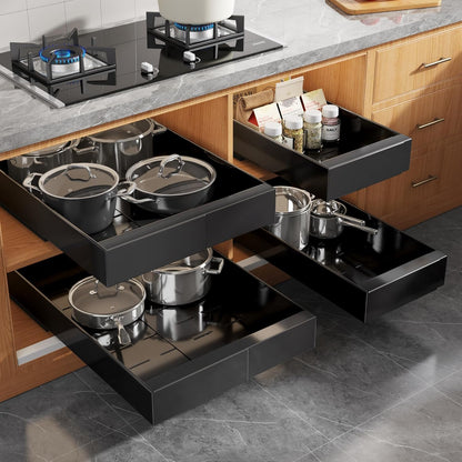 2Pack Expandable Pull Out Cabinet Organizer 21"Deep With Raising Pad for Framed Cabinets, Upgrade 3 Slide Rails Slide Out Drawers, Roll Out Shelves Adhesive,Adjustable Width 12.05"-20.4"White