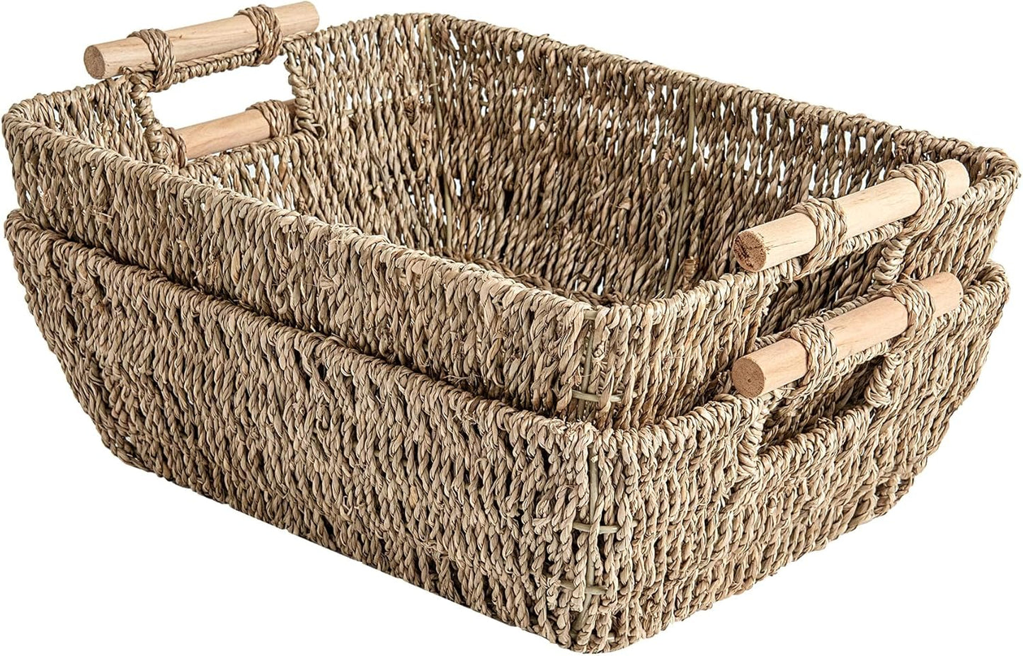 StorageWorks Hand-Woven Large Storage Baskets with Wooden Handles, Water Hyacinth Wicker Baskets for Organizing, 2-Pack