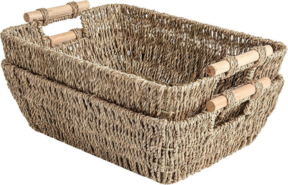 StorageWorks Hand-Woven Large Storage Baskets with Wooden Handles, Water Hyacinth Wicker Baskets for Organizing, 2-Pack