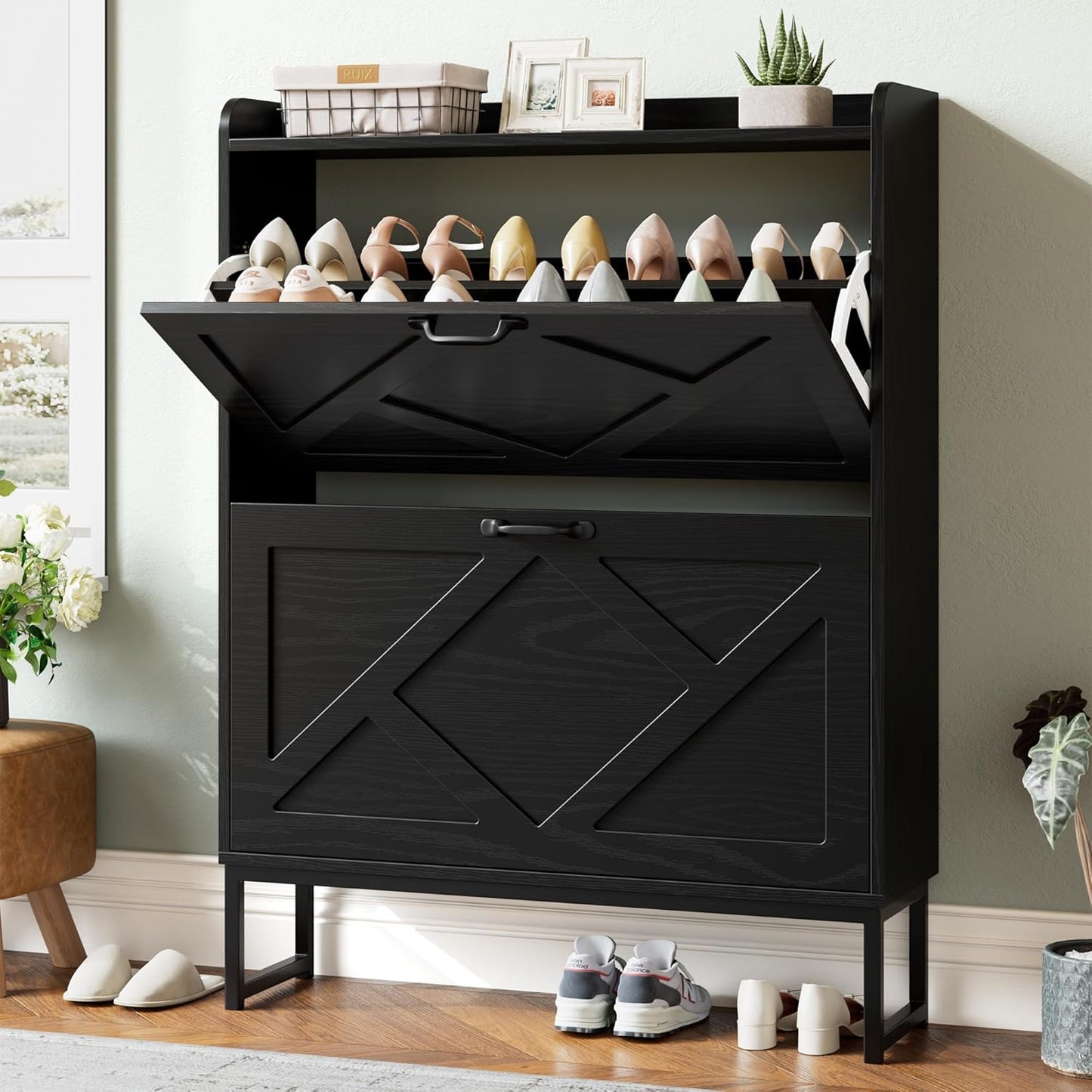 Nicetree Shoe Cabinet Organizer with 2 Flip Drawers, Freestanding Narrow Rack with Metal Legs, Farmhouse Slim Shoe Storage for Entryway, Foyer, Hallway, Rustic Brown