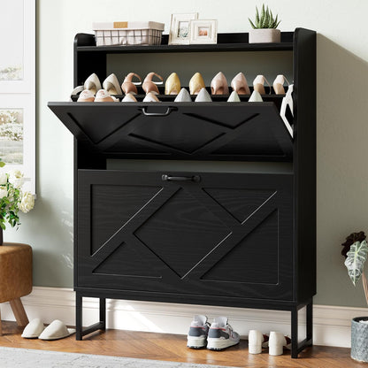 Nicetree Shoe Cabinet Organizer with 2 Flip Drawers, Freestanding Narrow Rack with Metal Legs, Farmhouse Slim Shoe Storage for Entryway, Foyer, Hallway, Rustic Brown