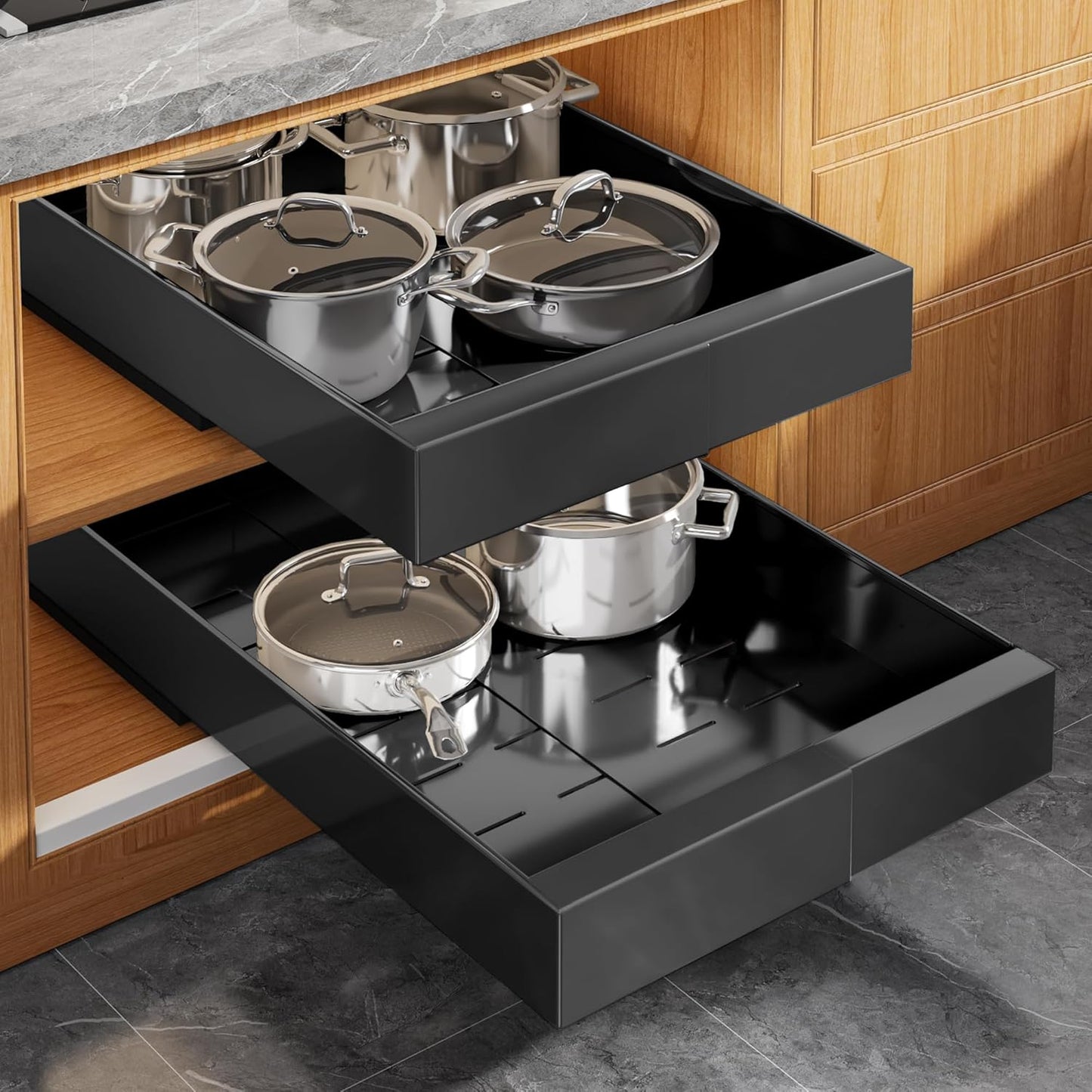 2Pack Expandable Pull Out Cabinet Organizer 21"Deep With Raising Pad for Framed Cabinets, Upgrade 3 Slide Rails Slide Out Drawers, Roll Out Shelves Adhesive,Adjustable Width 12.05"-20.4"White