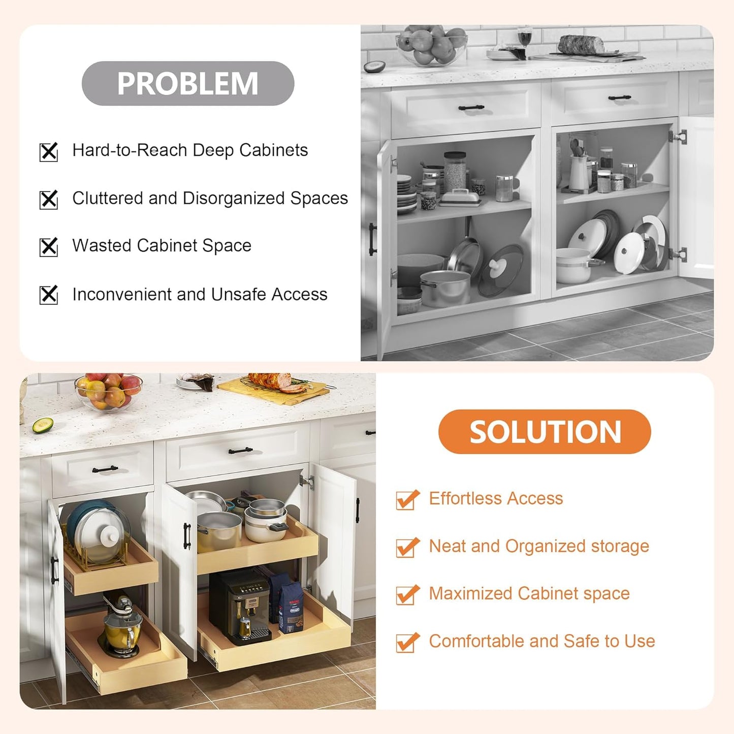 WelFurGeer 2-Tier Pull Out Cabinet Organizer with Soft Close Slides, Pull Out Drawers for Cabinets, Heavy-Duty Slide Out Drawers for Kitchen Cabinets, Under Sink, Pantry & Bathroom