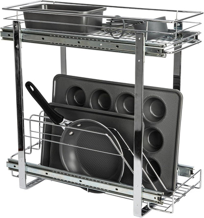 Household Essentials Glidez Multipurpose Chrome-Plated Steel Pull-Out/Slide-Out Storage Organizer for Cookware and Bakeware - Fits Standard Size Cabinet or Shelf, Chrome