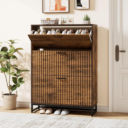 Nicetree Shoe Cabinet Organizer with 2 Flip Drawers, Freestanding Narrow Rack with Metal Legs, Farmhouse Slim Shoe Storage for Entryway, Foyer, Hallway, Rustic Brown