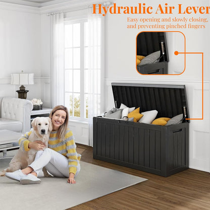 90 Gallon Resin Deck Box, Lockable Patio Outdoor Storage Box for Furniture, Garden Tools and Tools Storage, Waterproof Outside Storage Box - Black