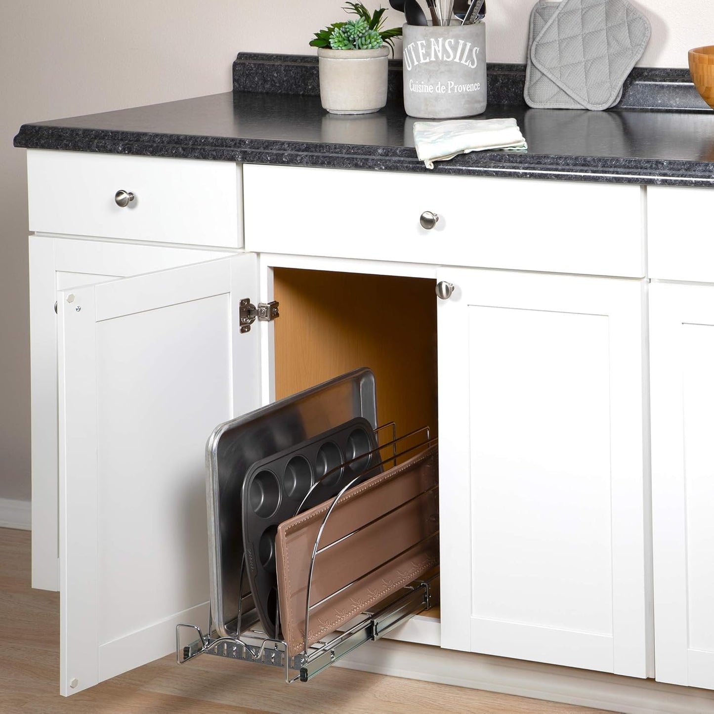 HOLDN’ STORAGE Pull Out Organizer for Bakeware, Cutting Board and Trays, Adjustable Dividers - Heavy Duty, Lifetime Limited Warranty - For Narrow Cabinet Spaces, 8.5”W x 21”D x 11”H, Chrome