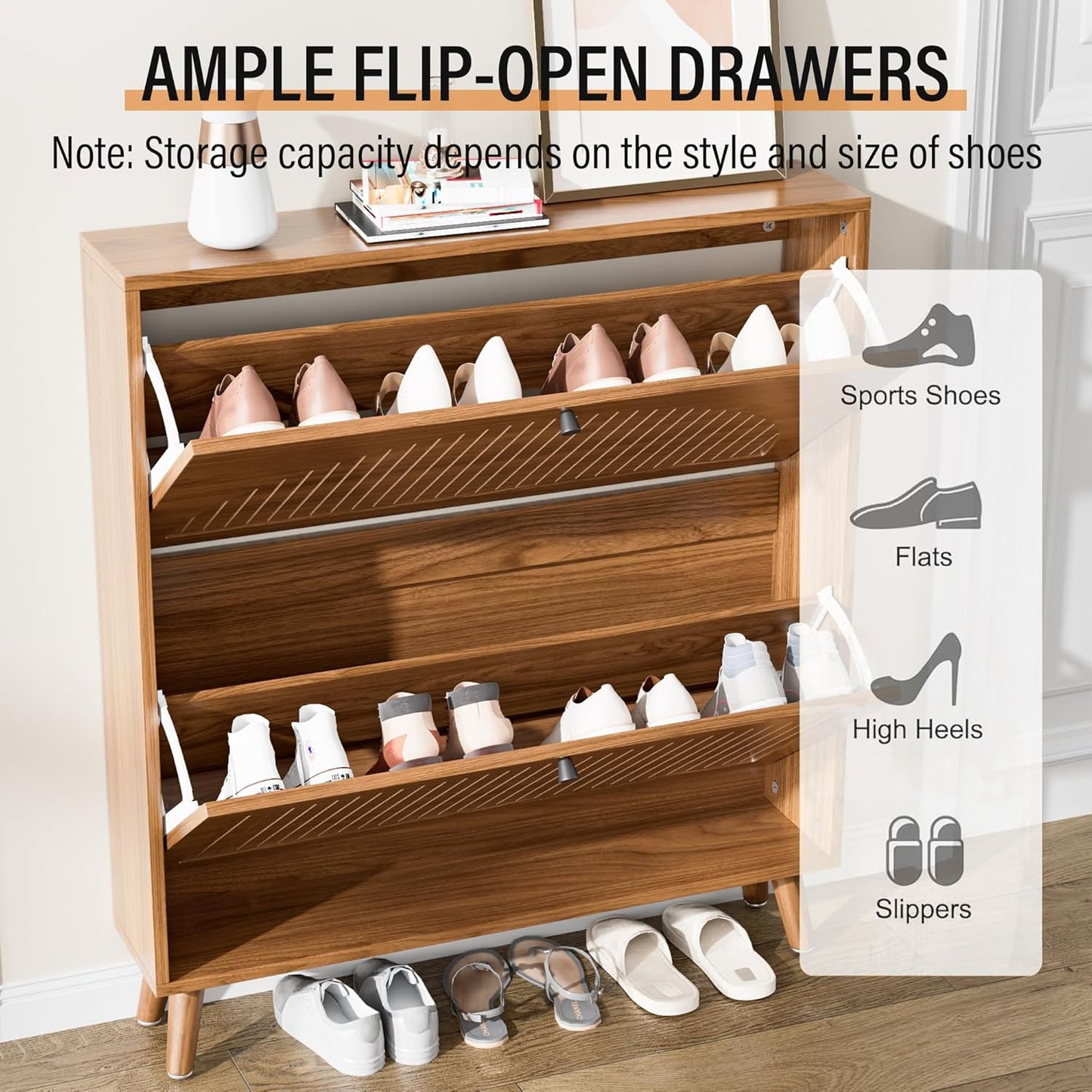 Shoe Storage Cabinet for Entryway with 2 Flip Drawers, Narrow Wood Shoe Cabinet with Fluted Panel, Freestanding Hidden Shoe Organizer for Foyer, Hallway (Walnut - No Shelf)