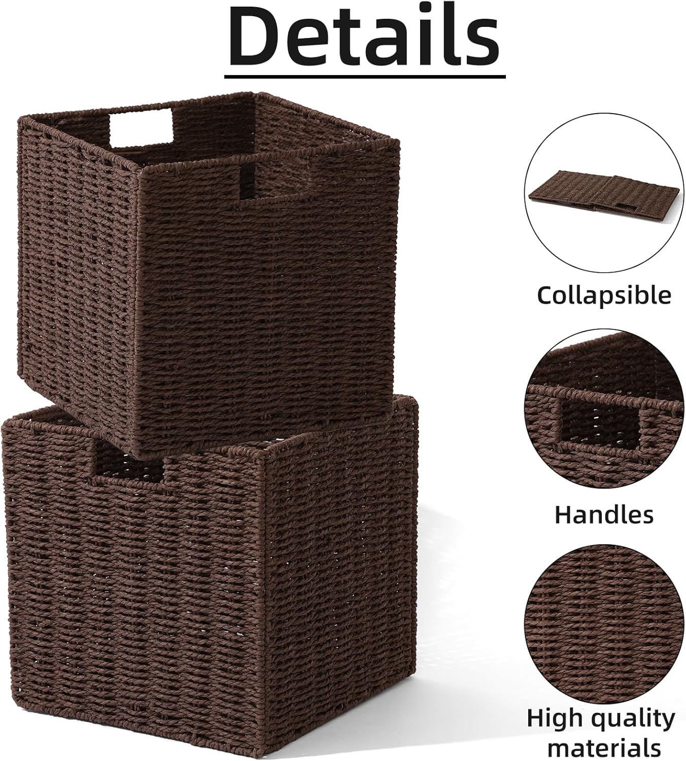Set of 2 Hand-Woven Paper Rope Wicker Baskets, Storage Basket, Foldable Cube Storage Bins, Brown Storage Cubes, Square Baskets for Organizing Shelves Decor, 12x12x12in