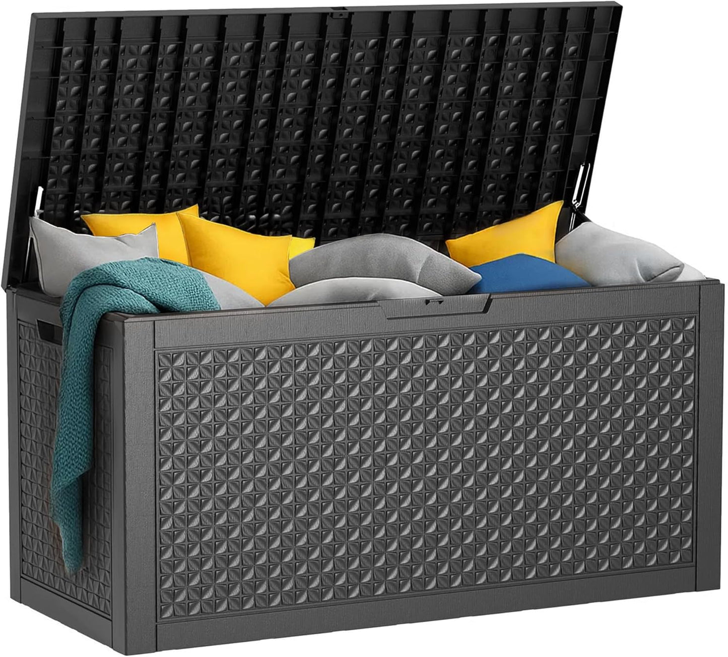 90 Gallon Resin Deck Box, Lockable Patio Outdoor Storage Box for Furniture, Garden Tools and Tools Storage, Waterproof Outside Storage Box - Black