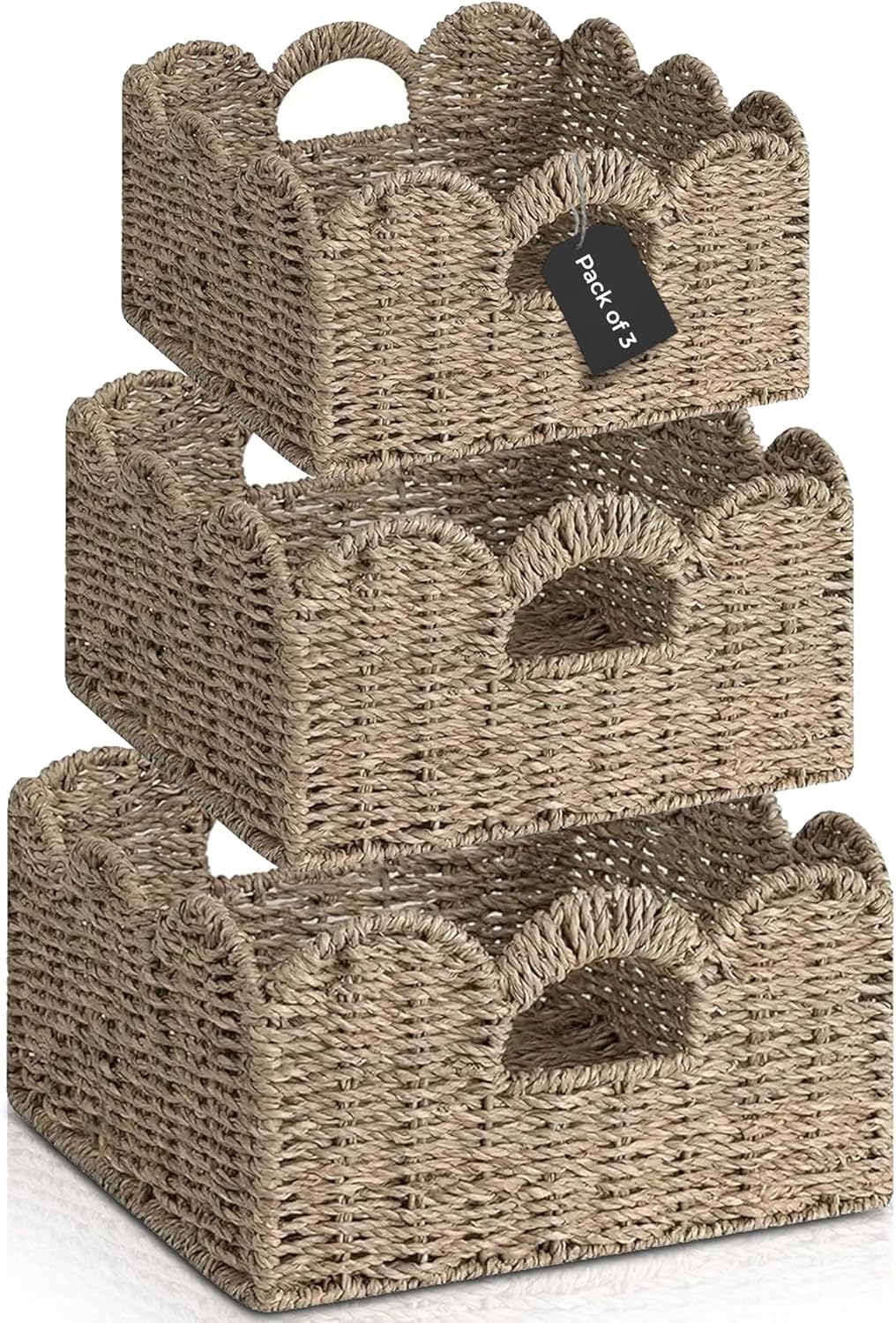 Elegant Scalloped Wicker Basket Set with Handles - Set of 3 | Handwoven Water Hyacinth Baskets for Nursery, Bathroom, Living Room Decor, Scalloped Edge Basket Shelf Decorative (Water Hyacinth)