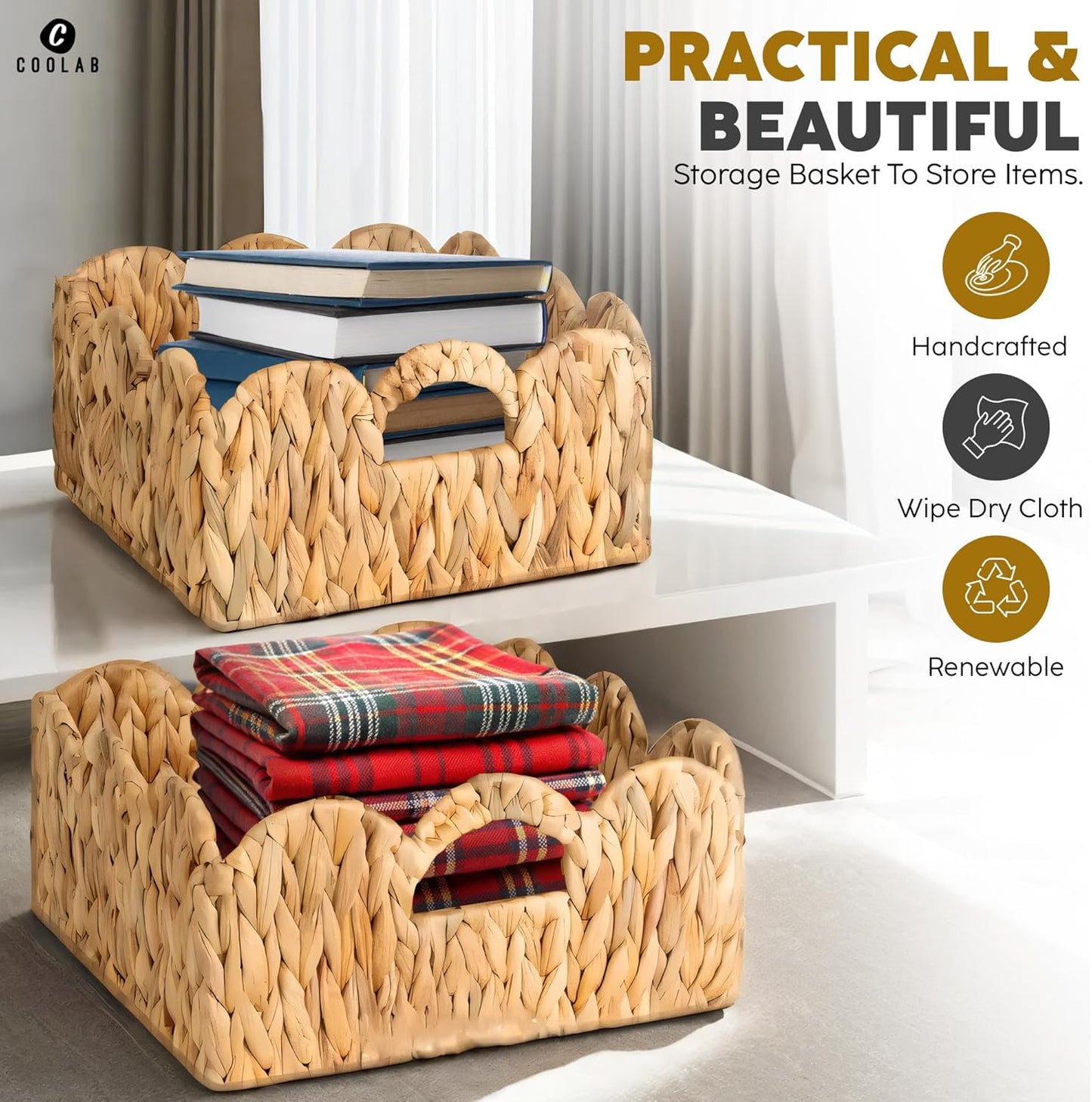 Elegant Scalloped Wicker Basket Set with Handles - Set of 3 | Handwoven Water Hyacinth Baskets for Nursery, Bathroom, Living Room Decor, Scalloped Edge Basket Shelf Decorative (Water Hyacinth)