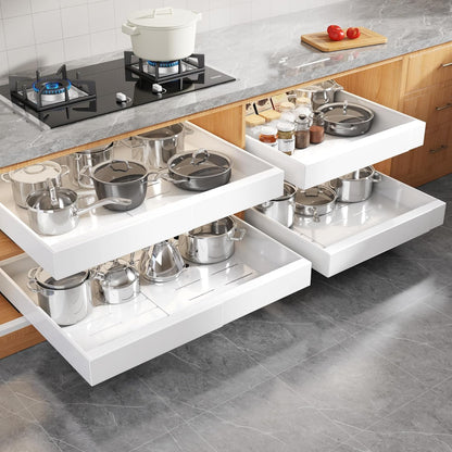 2Pack Expandable Pull Out Cabinet Organizer 21"Deep With Raising Pad for Framed Cabinets, Upgrade 3 Slide Rails Slide Out Drawers, Roll Out Shelves Adhesive,Adjustable Width 12.05"-20.4"White