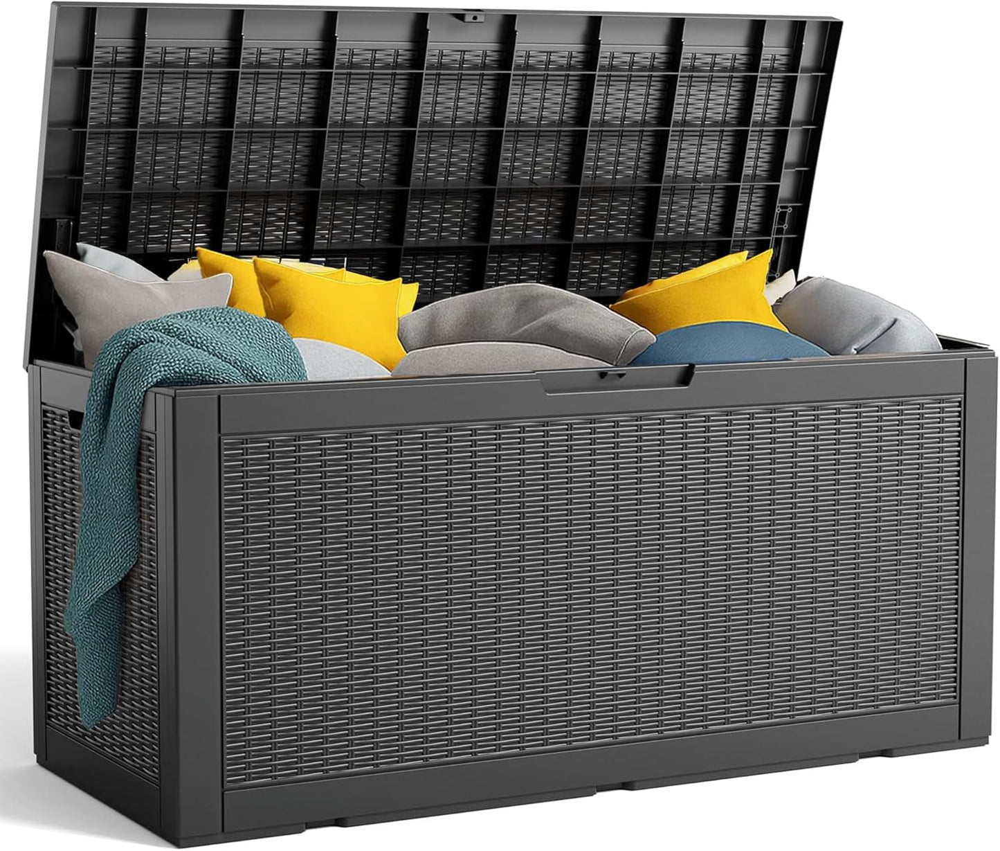 90 Gallon Resin Deck Box, Lockable Patio Outdoor Storage Box for Furniture, Garden Tools and Tools Storage, Waterproof Outside Storage Box - Black