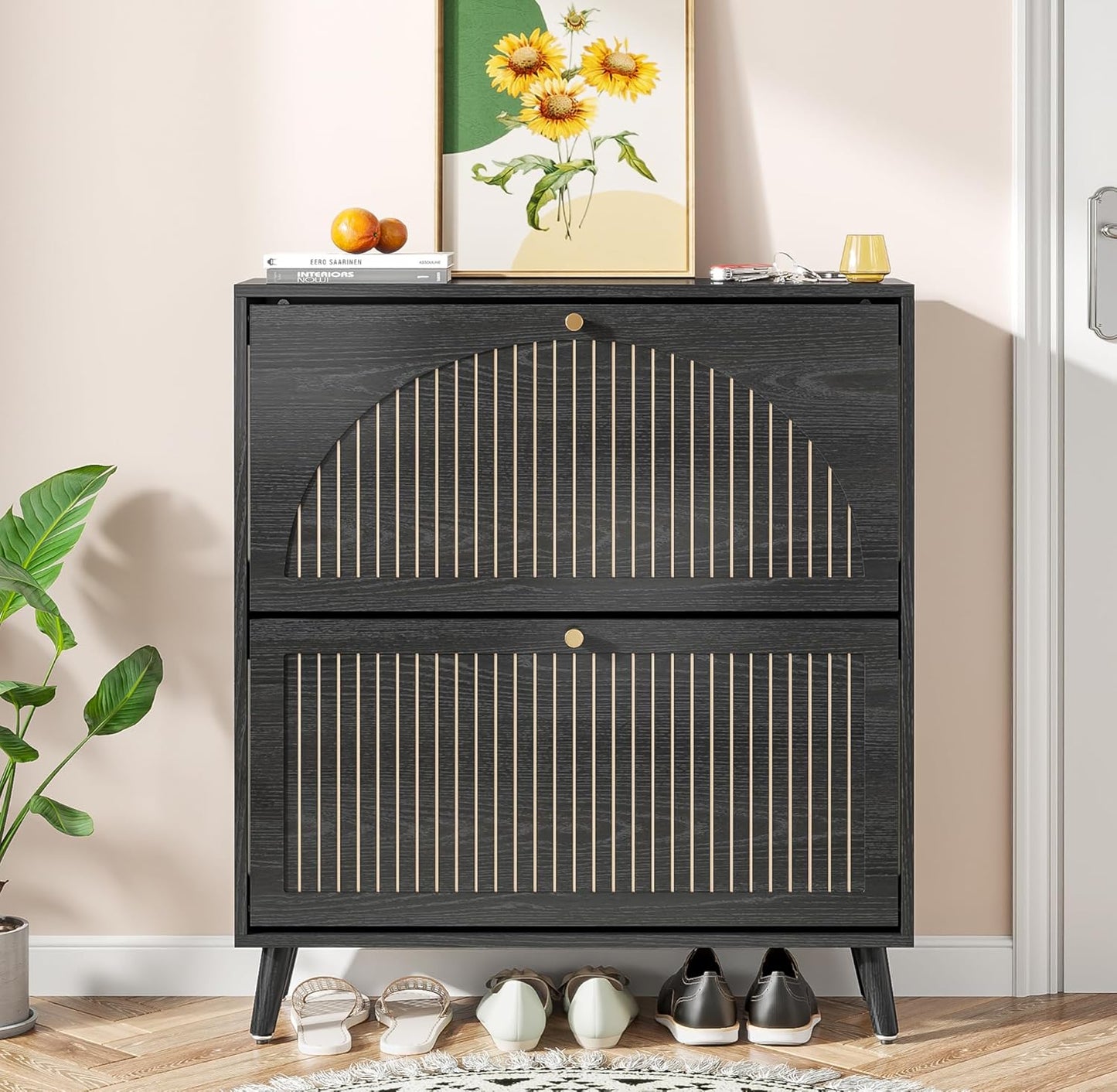 Shoe Storage Cabinet for Entryway with 2 Flip Drawers, Narrow Wood Shoe Cabinet with Fluted Panel, Freestanding Hidden Shoe Organizer for Foyer, Hallway (Walnut - No Shelf)