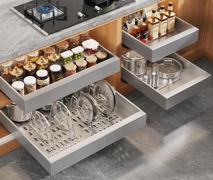 2Pack Expandable Pull Out Cabinet Organizer 21"Deep With Raising Pad for Framed Cabinets, Upgrade 3 Slide Rails Slide Out Drawers, Roll Out Shelves Adhesive,Adjustable Width 12.05"-20.4"White