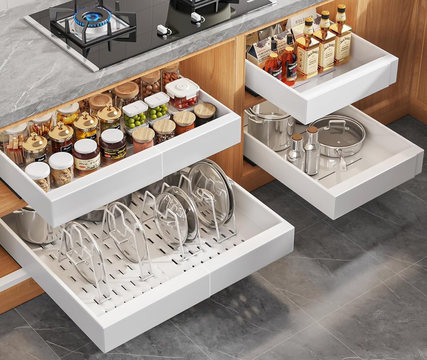 2Pack Expandable Pull Out Cabinet Organizer 21"Deep With Raising Pad for Framed Cabinets, Upgrade 3 Slide Rails Slide Out Drawers, Roll Out Shelves Adhesive,Adjustable Width 12.05"-20.4"White