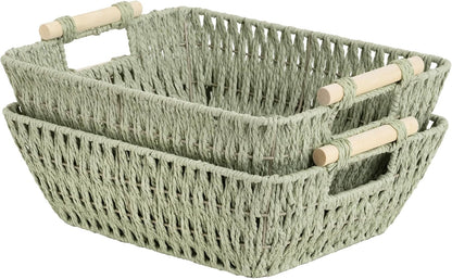 StorageWorks Hand-Woven Large Storage Baskets with Wooden Handles, Water Hyacinth Wicker Baskets for Organizing, 2-Pack