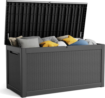 90 Gallon Resin Deck Box, Lockable Patio Outdoor Storage Box for Furniture, Garden Tools and Tools Storage, Waterproof Outside Storage Box - Black