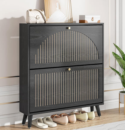 Shoe Storage Cabinet for Entryway with 2 Flip Drawers, Narrow Wood Shoe Cabinet with Fluted Panel, Freestanding Hidden Shoe Organizer for Foyer, Hallway (Walnut - No Shelf)