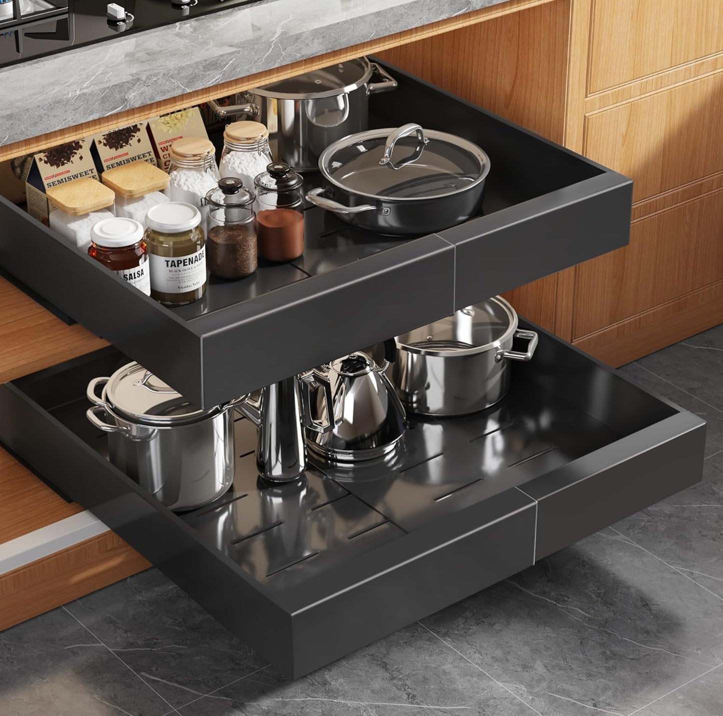 2Pack Expandable Pull Out Cabinet Organizer 21"Deep With Raising Pad for Framed Cabinets, Upgrade 3 Slide Rails Slide Out Drawers, Roll Out Shelves Adhesive,Adjustable Width 12.05"-20.4"White