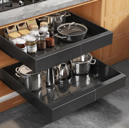 2Pack Expandable Pull Out Cabinet Organizer 21"Deep With Raising Pad for Framed Cabinets, Upgrade 3 Slide Rails Slide Out Drawers, Roll Out Shelves Adhesive,Adjustable Width 12.05"-20.4"White