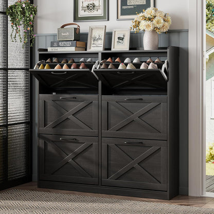 Maupvit Shoe Cabinet with 2 Flip Drawers, Freestanding Shoe Cabinet Organizer with Metal Legs, Shoes Storage Cabinet for Entryway, Narrow Shoe Rack Cabinet, Washed Gray