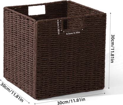 Set of 2 Hand-Woven Paper Rope Wicker Baskets, Storage Basket, Foldable Cube Storage Bins, Brown Storage Cubes, Square Baskets for Organizing Shelves Decor, 12x12x12in