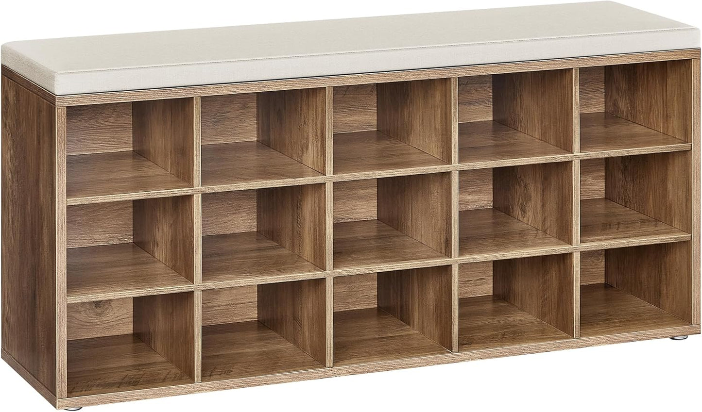 VASAGLE CUSTOS Collection - Shoe Bench, Storage Bench with Padded Seat, Entryway Bench with 15 Compartments, for Bedroom, 11.8 x 41.3 x 18.9 Inches, Rustic Brown and Chestnut Brown ULHS15BX