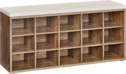 VASAGLE CUSTOS Collection - Shoe Bench, Storage Bench with Padded Seat, Entryway Bench with 15 Compartments, for Bedroom, 11.8 x 41.3 x 18.9 Inches, Rustic Brown and Chestnut Brown ULHS15BX
