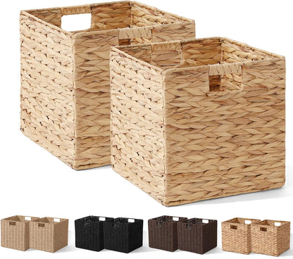 Set of 2 Hand-Woven Paper Rope Wicker Baskets, Storage Basket, Foldable Cube Storage Bins, Brown Storage Cubes, Square Baskets for Organizing Shelves Decor, 12x12x12in
