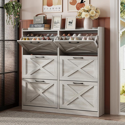 Maupvit Shoe Cabinet with 2 Flip Drawers, Freestanding Shoe Cabinet Organizer with Metal Legs, Shoes Storage Cabinet for Entryway, Narrow Shoe Rack Cabinet, Washed Gray