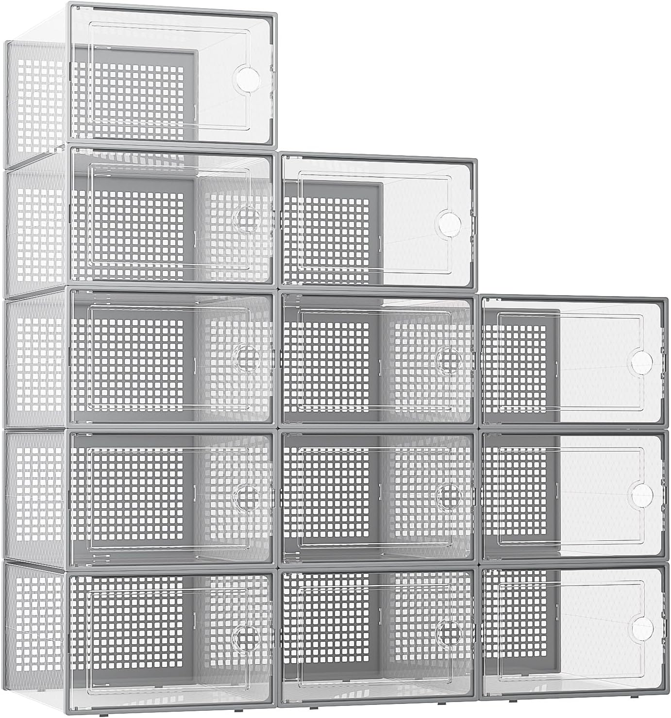Kuject XX-Large Shoe Storage Boxes Organizers Clear Plastic Stackable 12 Pack, Shoe Rack & Holder Substitute, Sneaker Containers, Toy Storage Organizer Bins for Entryway, Closet, Under Bed, Black