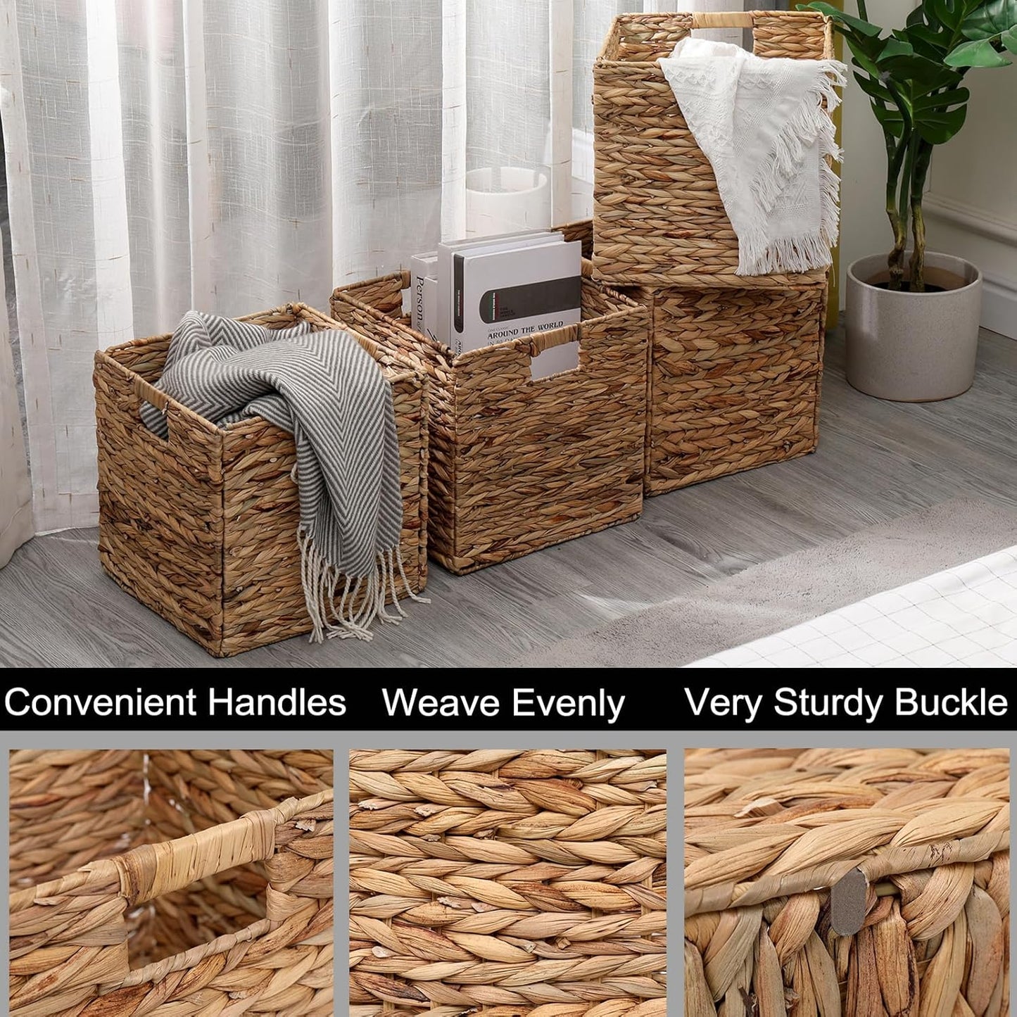 12x12in Storage Baskets Set of 4 Water Hyacinth Baskets,Foldable Handwoven Storage Cubes,Wicker Cube Baskets Laundry Organizer Totes for Home